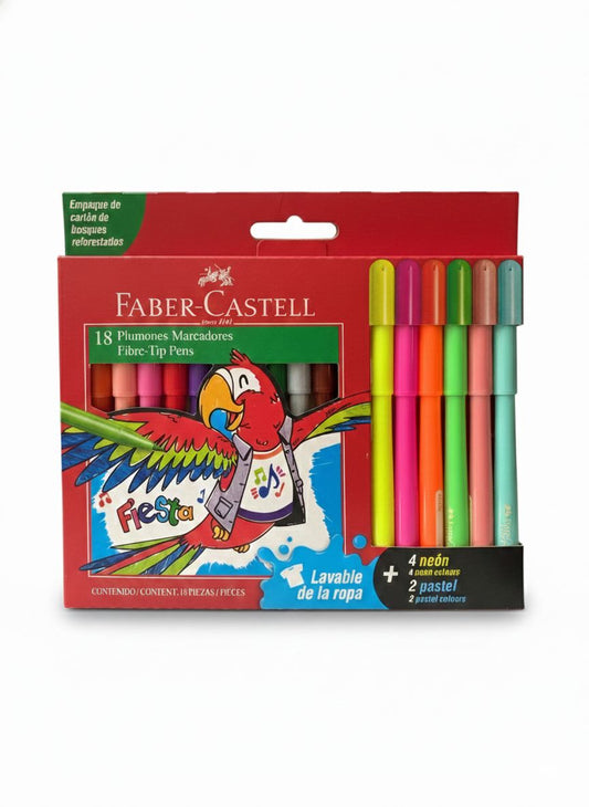 Set Marcadores Finos X12 + 4 Neon + 2 Pasteles Faber Castell